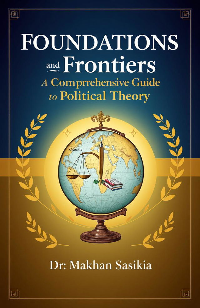 A detailed book cover design for 'Foundations and Frontiers: A Comprehensive Guide to Political Theory' by Dr