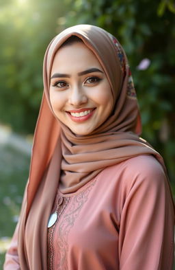 A beautiful Muslim woman in traditional attire, showcasing her radiant smile and confident demeanor