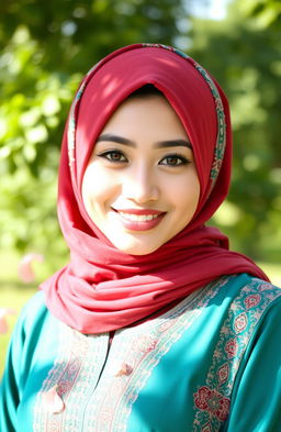 A beautiful Muslim woman in traditional attire, showcasing her radiant smile and confident demeanor