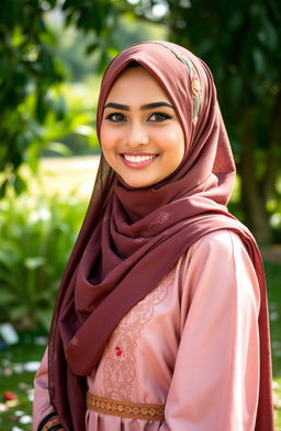A beautiful Muslim woman in traditional attire, showcasing her radiant smile and confident demeanor