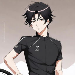 Anime style male character with black hair and brown eyes, dressed in a black cycling jersey.