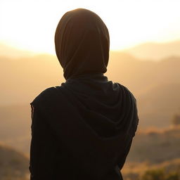 A captivating view of a woman in hijab seen from behind, standing gracefully against a tranquil landscape