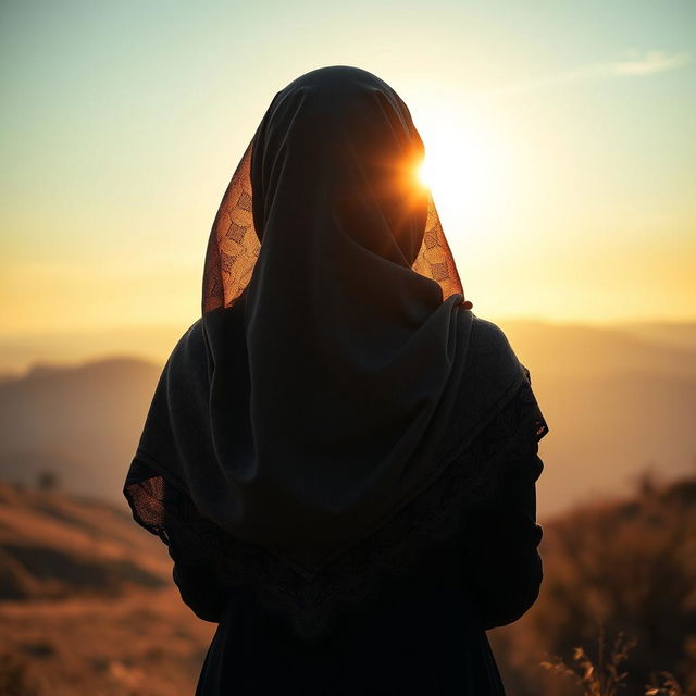 A captivating view of a woman in hijab seen from behind, standing gracefully against a tranquil landscape