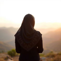 A captivating view of a woman in hijab seen from behind, standing gracefully against a tranquil landscape
