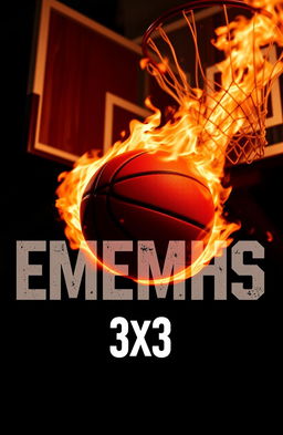 An intense and dynamic 3X3 basketball scene featuring the text 'EMEMHS' prominently displayed across the foreground