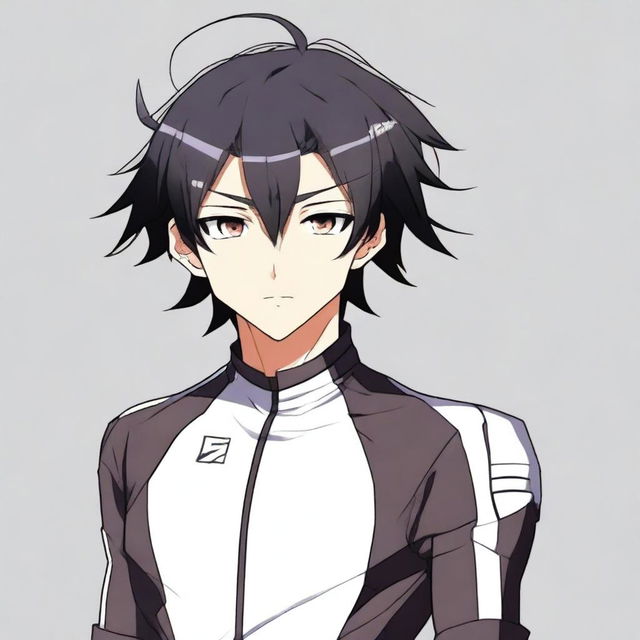 Anime style male character with black hair and brown eyes, dressed in a black cycling jersey.