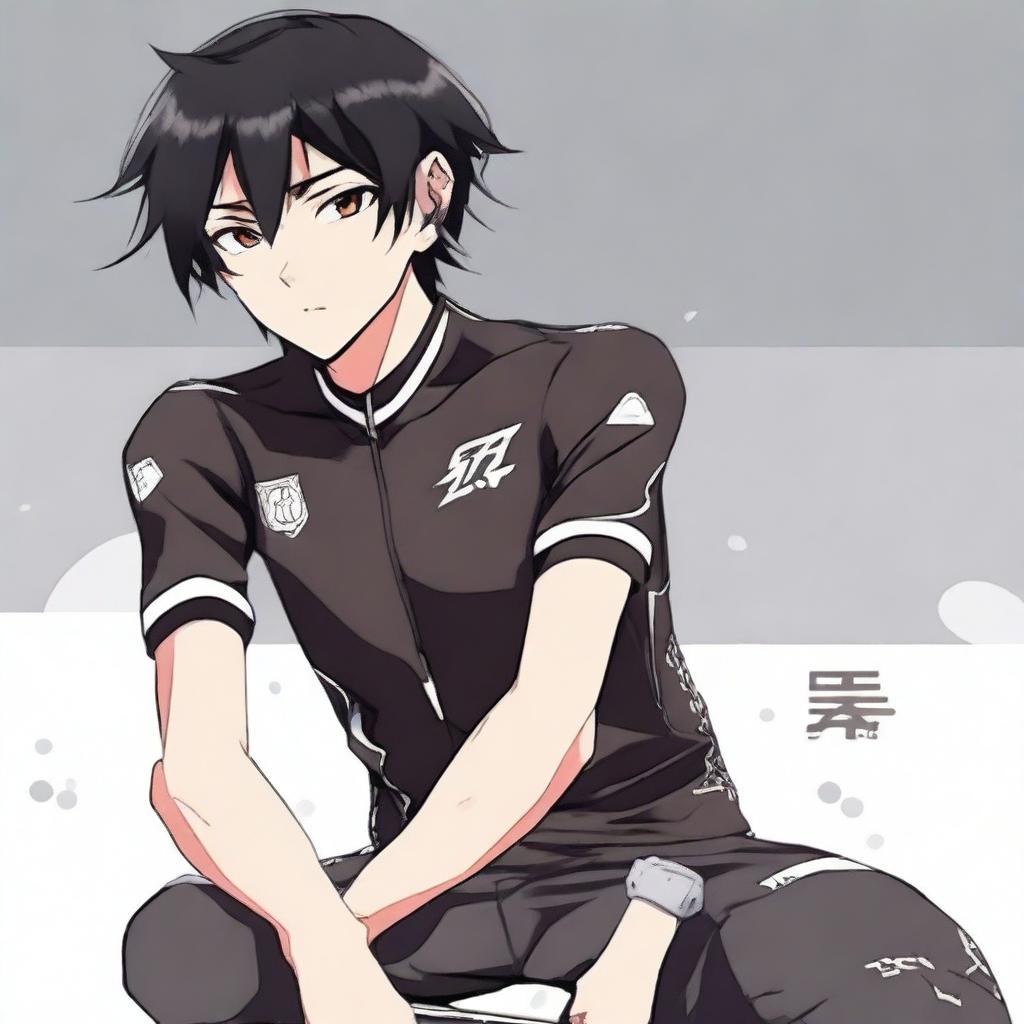 Anime style male character with black hair and brown eyes, sporting a black cycling jersey.