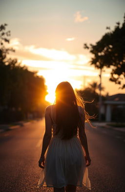 A woman walking from behind towards a sunset street, capturing the warm glow of the sunset illuminating her silhouette