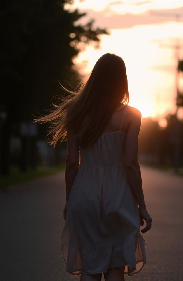 A woman walking from behind towards a sunset street, capturing the warm glow of the sunset illuminating her silhouette