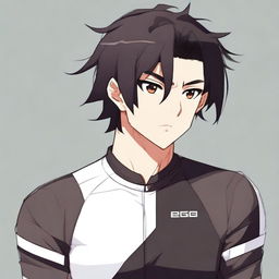 Anime style male character with black hair and brown eyes, sporting a black cycling jersey.