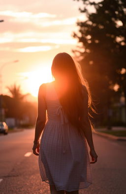 A woman walking from behind towards a sunset street, capturing the warm glow of the sunset illuminating her silhouette