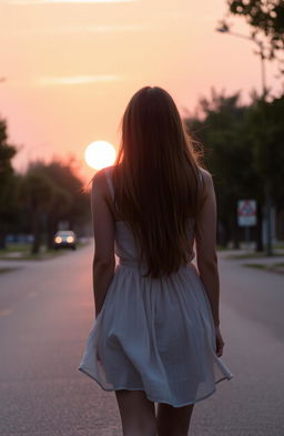 A woman walking from behind towards a sunset street, capturing the warm glow of the sunset illuminating her silhouette