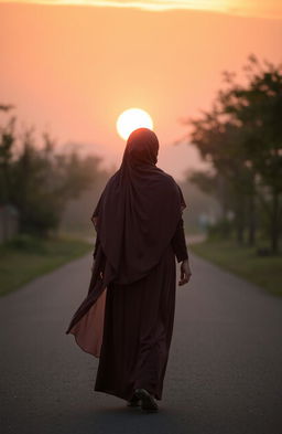 A woman in a hijab walking from behind towards a sunset road