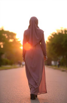 A woman in a hijab walking from behind towards a sunset road