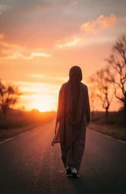 A woman in a hijab walking from behind towards a sunset road