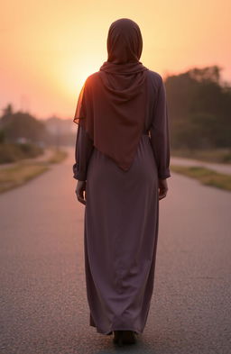 A woman in a hijab walking from behind towards a sunset road