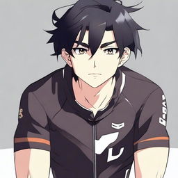 Anime style male character with black hair and brown eyes, sporting a black cycling jersey.