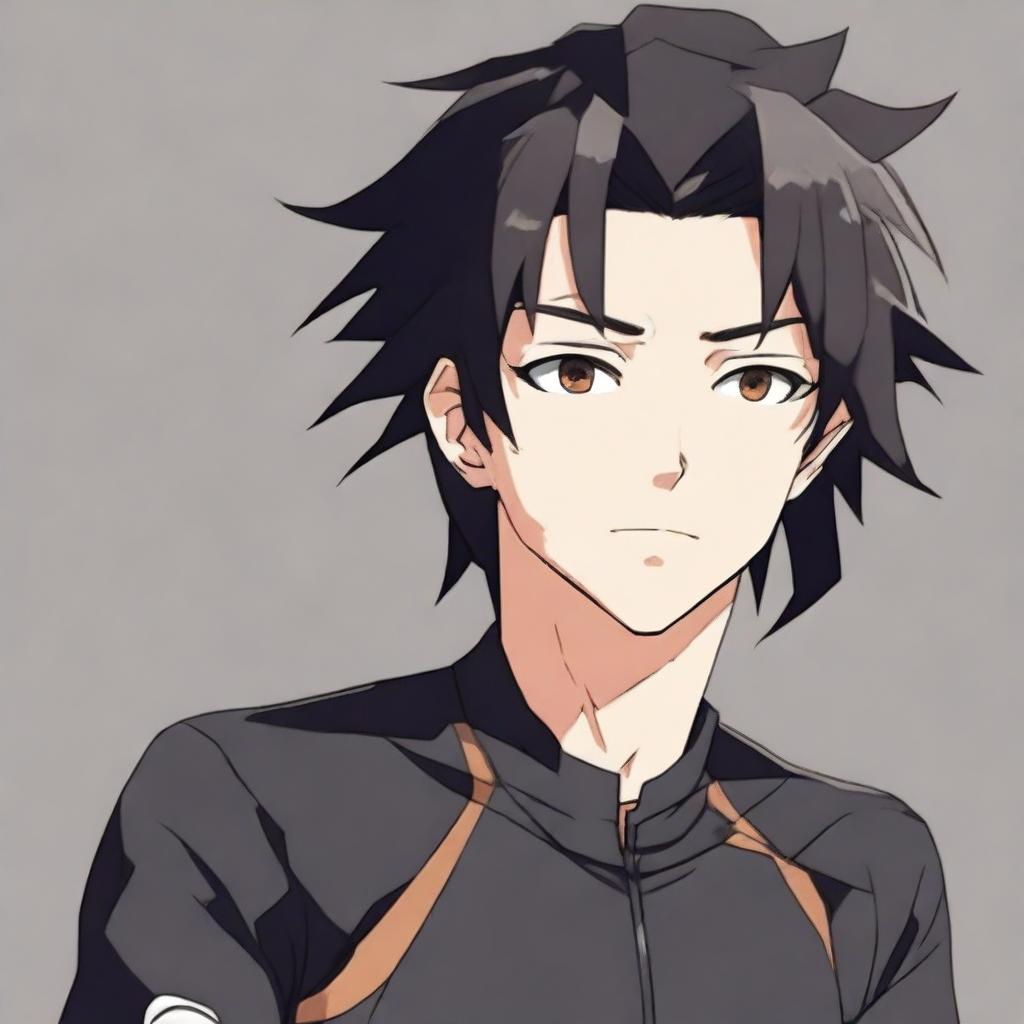 Anime style male character with black hair and brown eyes, sporting a black cycling jersey.