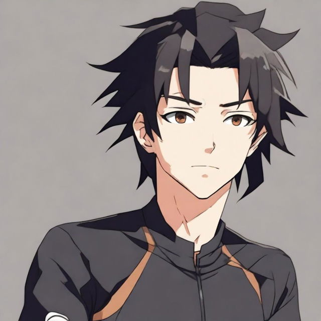 Anime style male character with black hair and brown eyes, sporting a black cycling jersey.