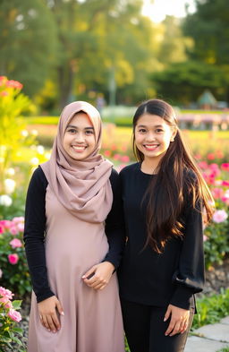 A scenic portrait of identical twin girls standing together in a vibrant park