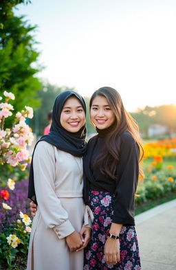 A scenic portrait of identical twin girls standing together in a vibrant park