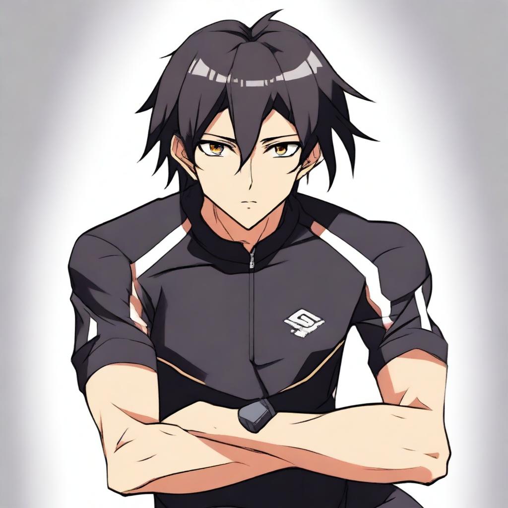 Anime style male character with black hair and brown eyes, attired in a black cycling jersey.