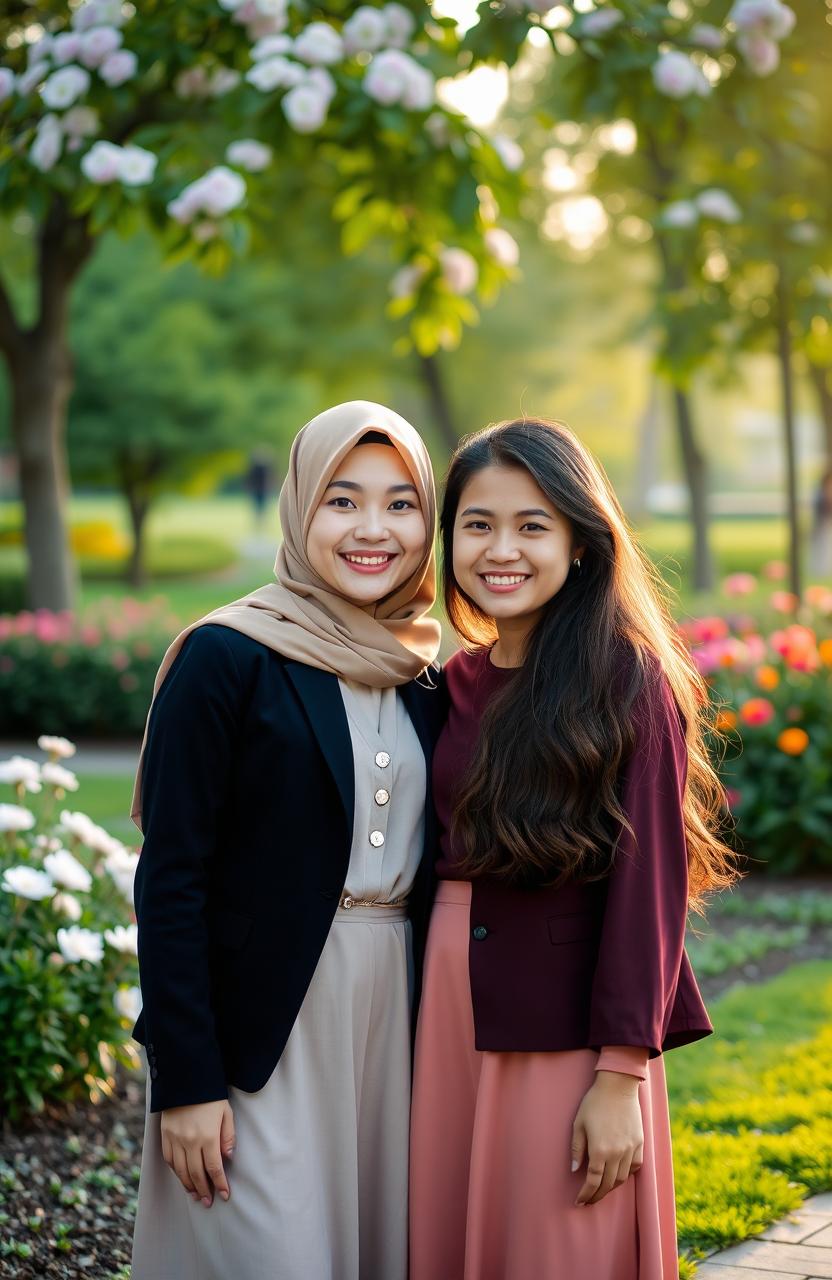 A scenic portrait of identical twin girls standing together in a vibrant park