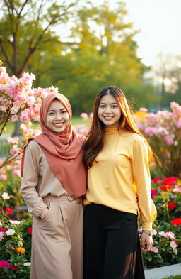 A scenic portrait of identical twin girls standing together in a vibrant park