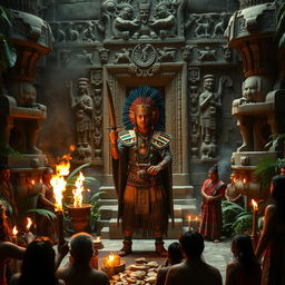 An evocative scene of an ancient sacrificial ritual, set in a grand stone temple surrounded by vibrant greenery and ceremonial artifacts
