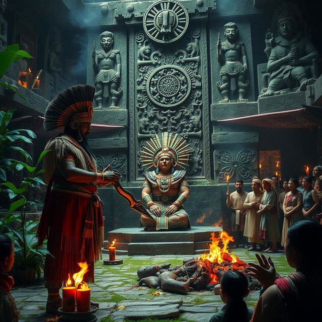 An evocative scene of an ancient sacrificial ritual, set in a grand stone temple surrounded by vibrant greenery and ceremonial artifacts