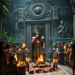 An evocative scene of an ancient sacrificial ritual, set in a grand stone temple surrounded by vibrant greenery and ceremonial artifacts