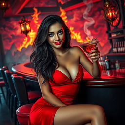 A sexy girl sitting at a stylish bar, wearing a stunning red dress that hugs her curves, with a confident smile on her face