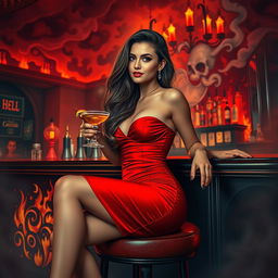 A sexy girl sitting at a stylish bar, wearing a stunning red dress that hugs her curves, with a confident smile on her face