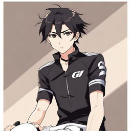 Anime style male character with black hair and brown eyes, attired in a black cycling jersey.