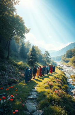 A mystical landscape representing the concept of 'hijrah', depicting a serene and beautiful journey through nature