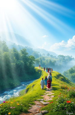 A mystical landscape representing the concept of 'hijrah', depicting a serene and beautiful journey through nature