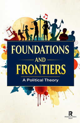 A visually striking book cover design for 'Foundations and Frontiers: A Comprehensive Guide to Political Theory' authored by Dr