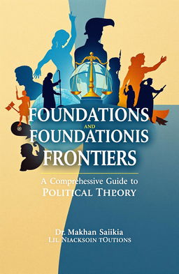 A visually striking book cover design for 'Foundations and Frontiers: A Comprehensive Guide to Political Theory' authored by Dr
