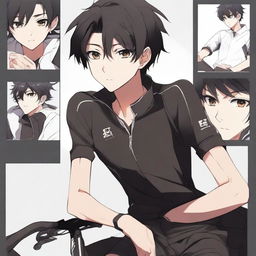 Anime style male character with black hair and brown eyes, attired in a black cycling jersey.