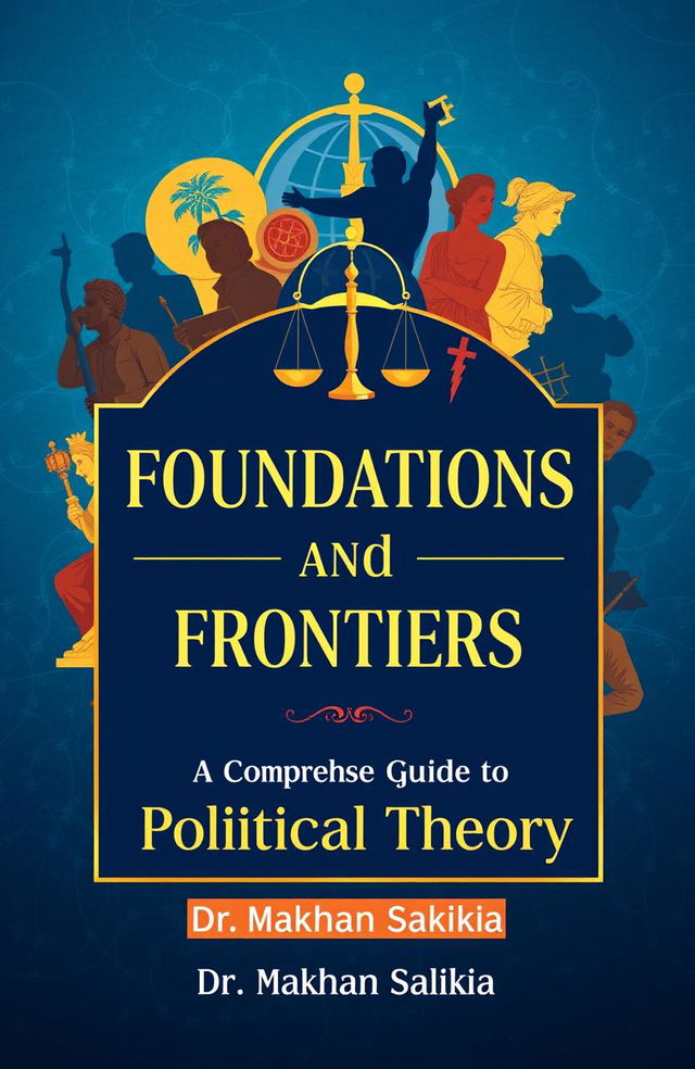 A visually striking book cover design for 'Foundations and Frontiers: A Comprehensive Guide to Political Theory' authored by Dr