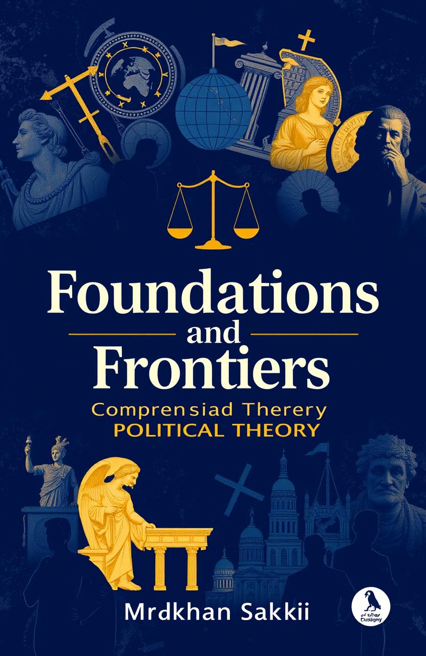 A visually striking book cover design for 'Foundations and Frontiers: A Comprehensive Guide to Political Theory' authored by Dr