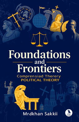 A visually striking book cover design for 'Foundations and Frontiers: A Comprehensive Guide to Political Theory' authored by Dr