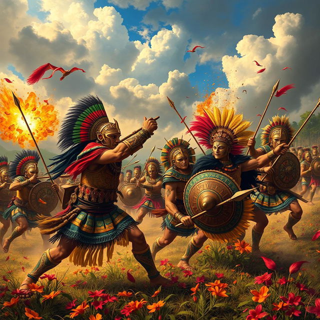 An artistic depiction of the Flower Wars featuring intense battle scenes between the Aztec warriors and their rivals