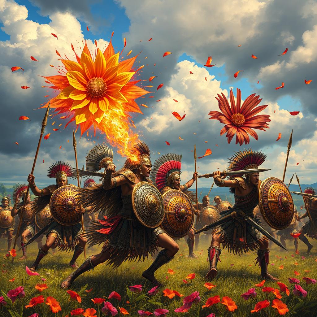 An artistic depiction of the Flower Wars featuring intense battle scenes between the Aztec warriors and their rivals