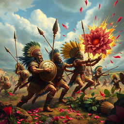 An artistic depiction of the Flower Wars featuring intense battle scenes between the Aztec warriors and their rivals