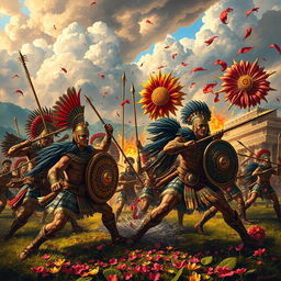 An artistic depiction of the Flower Wars featuring intense battle scenes between the Aztec warriors and their rivals