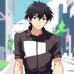 Anime style male character with black hair and brown eyes, attired in a black cycling jersey.