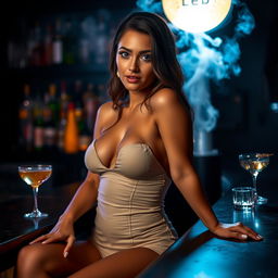 A stunning and alluring young woman sitting stylishly at a bar, with a seductive smile and captivating gaze