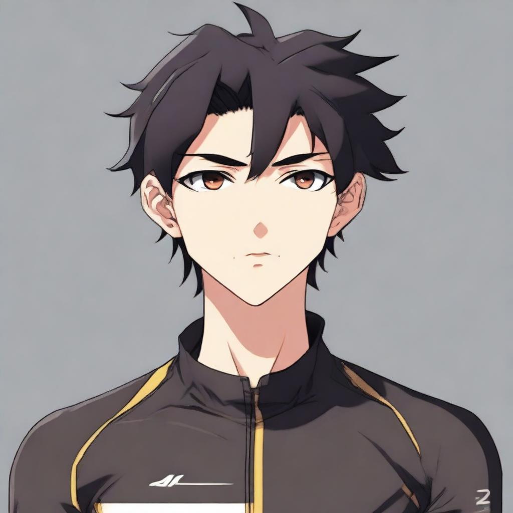 Anime style male character with short black hair and brown eyes, donned in a black cycling jersey.