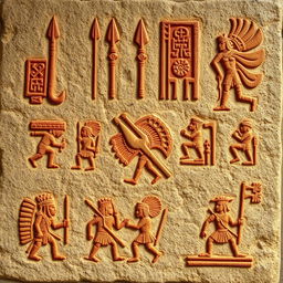 An intricate collection of Aztec hieroglyphic representations of war, featuring vivid and detailed symbols depicting warriors, weaponry, and battle scenes